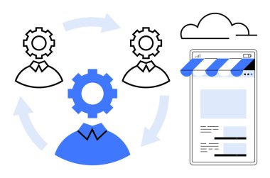 Oklarla birbirine bağlı dişli başlı profiller takım çalışması, ağ oluşturma ve otomasyonu temsil ediyor. Çevrimiçi mağaza vitrininde bulut dijital çözümleri simgeler. İş, teknoloji ve yenilik için ideal