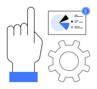 El hareketi, dolar işaretli finansal pasta grafiği ve strateji, süreç ve ekonomik planlamayı sembolize eden vites simgesi. İş büyümesi, finans, kalkınma, iş akışı için ideal