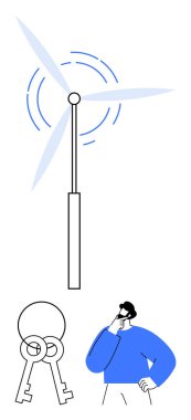 Çapraz tuşların üzerinde hareket eden rüzgar türbinleri ve mavi elbiseli düşünceli bir insan. Enerji, yenilik, sürdürülebilirlik, problem çözme, karar verme, yaratıcılık ve liderlik için idealdir. Düz basit