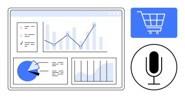 Çizgi grafiği, bar çizelgesi, pasta grafiği, mikrofon ve alışveriş arabası grafiği olan veri paneli. Veri analizi, pazarlama, teknoloji, e-ticaret araştırma iletişimi için ideal düz metafor