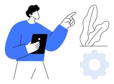 Tablet tutan adam, bitki ve teçhizatı işaret ediyor. Takım çalışması, strateji, yenilik, büyüme, teknoloji, liderlik eğitimi için ideal. Düz basit metafor