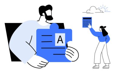 Güneş ve bulutların altında hesap makinesi kullanan bir kadın bulmaca parçası tutuyor. Takım çalışması, eğitim, işbirliği, problem çözme, planlama, analiz, strateji, düz basit