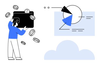 Düşen bozuk paralarla dolu büyük boy cüzdan tutan kişi, pasta grafikleri ve diyagramlarla veri analizine bağlı. Finans, yatırım, bütçe, analitik, fintech, tasarruf stratejisi için ideal. Düz