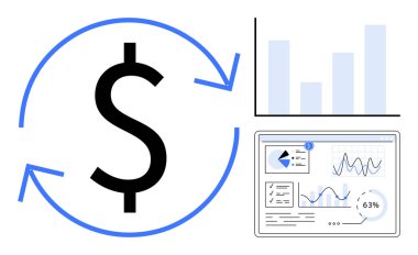 Yuvarlak oklu dolar işareti ekonomik akışı, gelir artışını vurguluyor. Bar tablosu, analitik gösterge paneli veriye dayalı stratejileri temsil ediyor. İş, finans, yatırımlar, tasarruflar için ideal