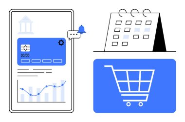 Finansal verileri, vites simgesini ve alışveriş arabası ve takvimi olan akıllı telefon ekranı. E-ticaret, mali planlama, bütçe, programlama, çevrimiçi ödemeler, veri takibi dairesi için ideal