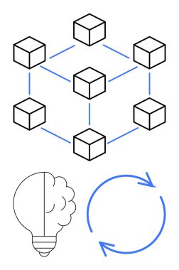 Birbirine bağlı blockchain ağını temsil eden küpler, yenilik için soyut ampul, yinelemeli akış için dairesel oklar. Teknoloji için ideal, engelleme zinciri, yenilik, beyin fırtınası, süreç