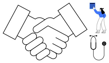 Ortaklığı vurgulayan tokalaşma, tıbbi temalar için steteskop ve takvimi analiz eden bir figür. İşbirliği, takım çalışması, güven, sağlık ve strateji anlaşmaları için ideal. Düz basit