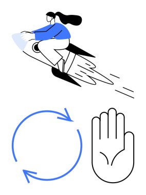 Roket süren bir kadın büyüme ve hırsı simgeler, dairesel oklar sürekli değişimi ya da döngüleri, el hareketi durmayı ya da sınırları temsil eder. Yenilik, hız ve dönüşüm için ideal