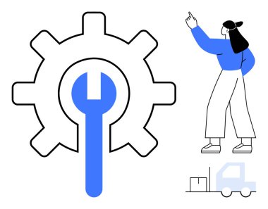 Bakımı sembolize eden ingiliz anahtarı, depo kurulumunun yakınında yön gösteren bir kadın ve teslimat kamyonu. Lojistik, onarım, planlama, takım çalışması, talimatlar, ulaşım verimliliği için ideal