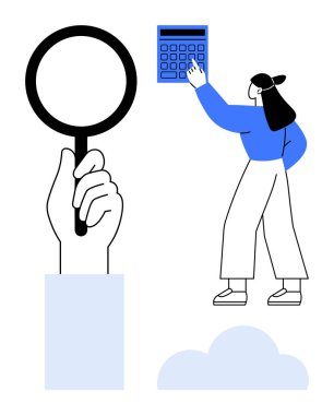 Hesap makinesine basan kadın, elinde büyüteç, minimalist bulutlar. Finans, araştırma, analiz, karar verme, arama, problem çözme dijital araçları için ideal basit metafor