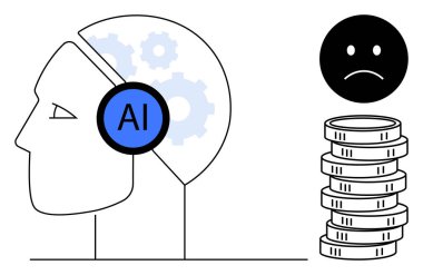 Bozuk para yığınları ve üzgün yüzün yanında yapay zeka etiketli insan kafasının taslağı. Yapay zeka etiği, teknoloji etkisi, otomasyon, eşitsizlik, yenilik maliyeti, karar verme, düz metafor için idealdir.