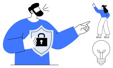 Adam elinde kalkanla asma kilidi önde, kadın ampulün yanında el kol hareketi yapıyor. Güvenlik, liderlik, fikirler, koruma, yenilik, dijital güvenlik rehberi için idealdir. Düz basit metafor