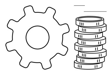 Verimliliği ve ekonomik büyümeyi sembolize eden dikey para yığınlarının yanında büyük vites. İş, takım çalışması, finans, yenilik, yatırım, verimlilik ve kalkınma kavramları için idealdir. Düz
