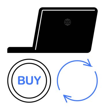 Küre simgesine sahip siyah dizüstü bilgisayar, daire şeklinde satın alma düğmesi ve çevrimiçi alışveriş, ödeme işleme ve sürdürülebilirliği simgeleyen geri dönüşüm okları. E-ticaret, teknoloji ve dijital ekonomi için ideal
