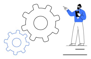 Yönetici, takım çalışmasını ve işlem optimizasyonunu sembolize ederek birbirine kenetlenmiş iki büyük vitese işaret ediyor. Liderlik, planlama, strateji, işbirliği, mühendislik, iş akışı için ideal