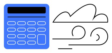 Bulutlu hesap makinesi ve rüzgar çizgileri çevresel etkiyi, maliyet hesaplamasını ve enerji verimliliğini iletir. İklim, finans, sürdürülebilirlik, yeşil enerji, planlama ve eğitim teknolojisi için ideal