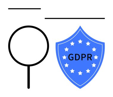 Yıldızlı mavi kalkanın yanında büyüteç ve GDPR metni veri şeffaflığı, gizlilik ve güvenliği sembolize ediyor. Uyum, düzenleme, veri güvenliği, Avrupa yasası ve bilgi için ideal