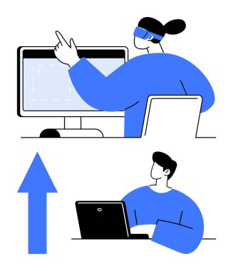 Masaüstü ve dizüstü bilgisayar kullanan iki meslektaş, biri ekranı işaret ediyor ve diğeri analiz ediyor. Büyümeyi temsil eden yukarı doğru büyük bir ok. Takım çalışması, üretkenlik, ilerleme, sanal eğitim için ideal