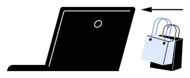 Alışveriş poşetlerinin olduğu laptop e-ticaret operasyonlarını gösteriyor. Çevrimiçi alışveriş, perakende satış, dijital pazarlar, uzak alımlar, sanal mağazalar, internet ticareti, elektronik işlemler için ideal