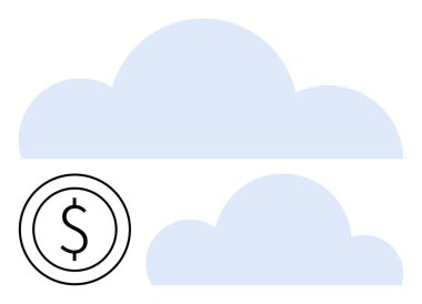 İki mavi bulut simgesi ve bir dolar sembolü bulut hesaplama, veri depolama maliyeti ve ekonomik kavramlarda finansmanı öneriyor. Teknoloji, dijital hizmetler, finans, ekonomi, bulut depolama, maliyet için ideal