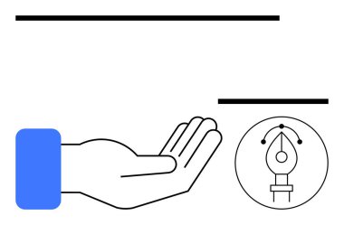 Çemberin içinde bir kalem araç ikonu ile eşleştirilmiş açık el hareketi yaratıcılık ve cömertliği gösterir. Tasarım, sanat, işbirliği, teklif, markalaşma, yenilik ve ortaklık için ideal. Düz basit