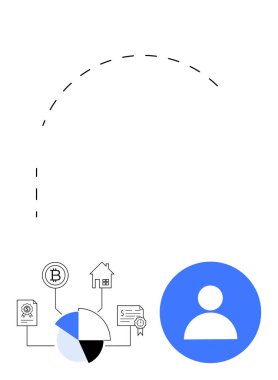 Pasta grafiği, ev, bitcoin, sertifika ve belgeye sahip kullanıcı avatarı dijital varlık yönetimi, finansal mülkiyet, kişiselleştirilmiş veri takibini ön plana çıkarıyor. Finans, teknoloji ve analitik için ideal