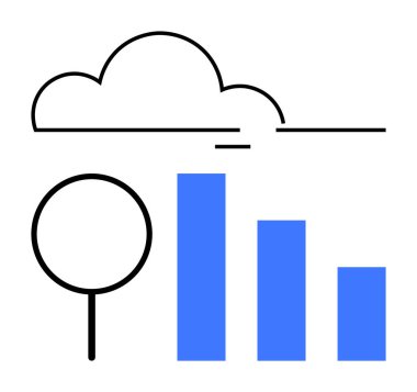 Büyüteç bulutun altındaki mavi çubuk grafiğini inceler, veri analizi, bulut hesaplaması, büyüme, araştırma, trendler, yenilik ve teknolojiyi temsil eder. Analiz için ideal ve düz basit