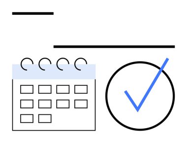 Kontrol işaretli çemberin yanında ızgara yerleşimi olan takvim planlama, hedefler ve başarıyı sembolize ediyor. Organizasyon, verimlilik, programlama, yönetim, başarı teslim tarihleri için ideal basit