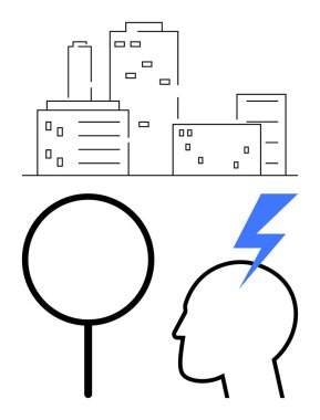 Araştırma büyüteci ve yıldırımlı bir kafa siluetiyle şehir manzarası çizimi. Yenilik, araştırma, fikirler, beyin fırtınası, ilham, analiz, kentsel çalışmalar için ideal. Düz