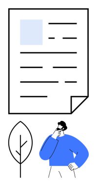 Mavi kazaklı adam köşesinde yazı olan büyük bir belgenin yanında düşünüyor. Basit ağaç simgesi bir doğa elementi ekler. Karar verme, sürdürülebilirlik, analiz, yaratıcılık ve planlama için ideal