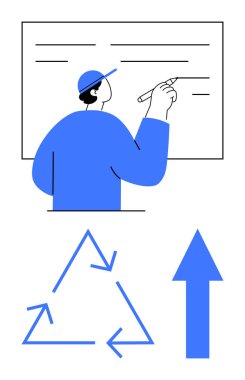 Geri dönüşüm sembolü ve yukarı doğru ok ile yaratıcı planlama ve sürdürülebilirliği vurguluyor. Eğitim, yenilik, takım çalışması, çevre, sürdürülebilirlik için ideal