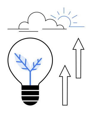 İçinde bitki bulunan ampul, yükselen oklar ve güneş, büyüme, yenilik, sürdürülebilirlik ve yenilenebilir enerji temaları çağrıştırıyor. Çevre, ilerleme ve çevre dostu iş geliştirme için ideal