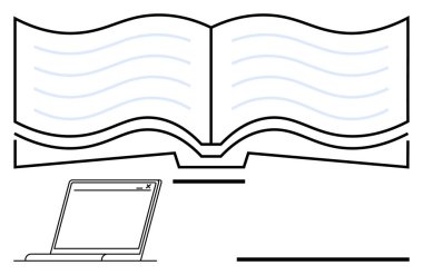 Dalgalı metin satırları ve eğitime, okumaya ve çalışmaya önem veren bir dizüstü bilgisayarın olduğu açık bir kitap. Çevrimiçi öğrenme, e-kitaplar, uzaktan eğitim, bilgi paylaşımı, dijital araçlar, akademik kavramlar için ideal