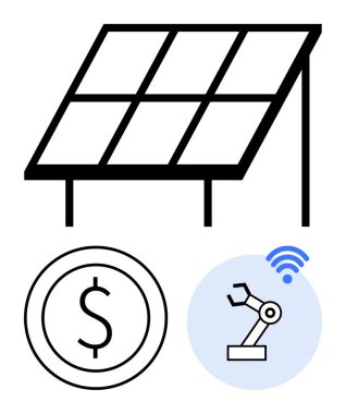 Güneş paneli enerji üretiyor, yuvarlak dolar işareti tasarrufu simgeliyor, ve kablosuz sembollü robotik kol akıllı teknolojiyi gösteriyor. Yenilenebilir enerji, otomasyon ve verimlilik için ideal.