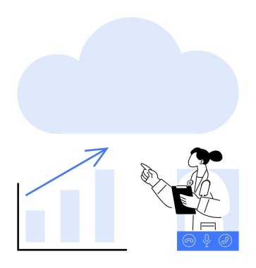 Doktor, bir bulutu oklu bir grafikle analiz ediyor ve veri büyümesini gösteriyor. Dijital iletişim elementleri. Tıbbi teknoloji, teletıp, bulut çözümleri, veri yönetimi ve ilerleme için ideal