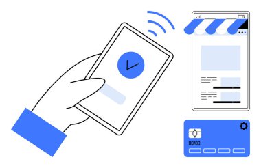 Onaylama işareti, online alışveriş sayfası ve kredi kartı ile irtibat kurulamayan ödemeler için akıllı telefon. Dijital cüzdan, mobil ticaret, fintech, online alışveriş, nakitsiz