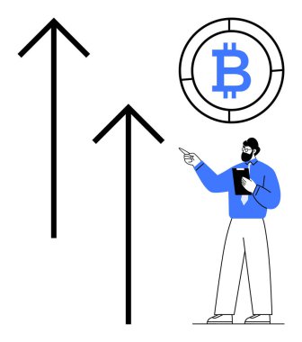 Tabletli bir işadamı yükselen okların yanında yükselen bitcoin sembolüne işaret ederek kripto para birimi büyümesini, zincir başarısını ve dijital finansal eğilimleri temsil ediyor. Fintech, yatırım, kripto için ideal