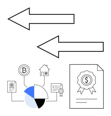 Oklar, kripto para, gayrimenkul, pasta grafiği ve sertifika gibi finansal bileşenlere dikkat çekiyor. Yatırım, varlık yönetimi, finans stratejisi, zenginlik planlaması için ideal