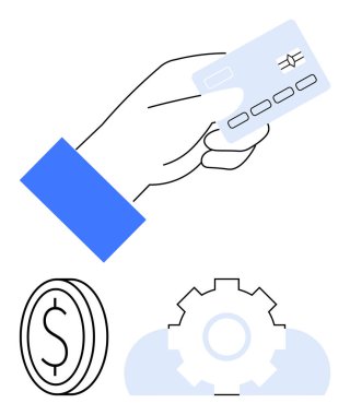 El, ödeme öneren bir kredi kartı uzatıyor, sistem işlemleri için teçhizat, para için dolar parası. Finans, teknoloji, bankacılık, e-ticaret, otomasyon yatırımı dijital ekonomi için idealdir. Düz