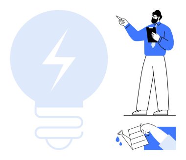 Dev ampul fikirleri sembolize eder, lider yönü gösterir, el büyümeyi beslemek için su döker. Liderlik için ideal, yenilik, strateji, yaratıcılık, rehberlik ekibi büyümesi. Düz basit