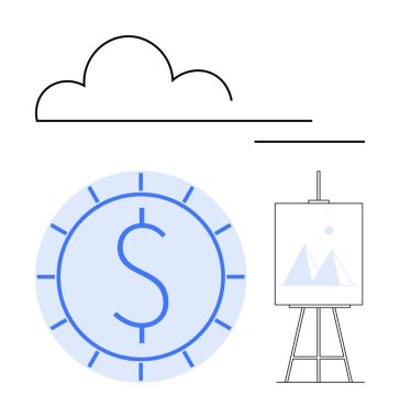 Saat şeklindeki dolar simgesi, grafikli pano, basit bulut sembolü. Finans, yaratıcılık, zaman yönetimi, strateji, bulut verileri, iş projeksiyonları için ideal düz bir metafor