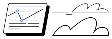 Analitik raporlar iki veri noktasıyla çizgi grafiği gösteriyor. Bulut depolamayı öneren şekillendirilmiş bulutlar da var. Teknoloji, iş büyümesi, veri analizi ve bulut hesaplaması için ideal