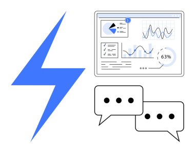 Analitik gösterge panelinin yanında yıldırım çarpması. Grafikler, grafikler ve metin baloncukları. Hız, veri, yenilik, iletişim, strateji teknolojisi verimliliği için idealdir. Düz basit metafor