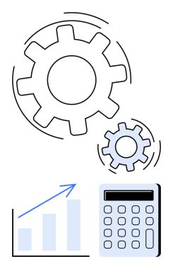 Vites bağlama, yükselen büyüme grafiği ve hesap makinesi takım çalışmasını, problem çözmeyi ve performans takibini vurguluyor. Verimlilik, strateji, ölçüler, yenilikçilik verimliliği için ideal mali