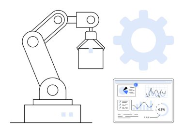 Veri analiz paneli ve teçhizatının yanındaki robot kol kaldırma objesi. Otomasyon, robot bilimi, yapay zeka, endüstriyel tasarım, imalat, teknoloji ve yenilik için ideal. Düz basit metafor