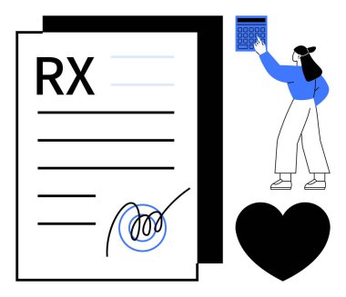 Tıbbi reçete kağıdı, hesap makinesine veri giren bir kadınla birlikte imzalanmış. Kara Kalp sembolü sağlık hizmetlerini ve refahı iletir. Maliye, ilaç maliyeti, eczane, sigorta için ideal