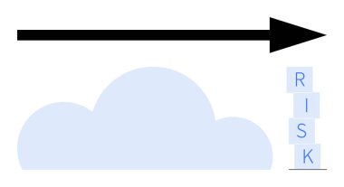 Kara ok yumuşak mavi bir bulutu geçerek istiflenmiş harflere doğru ilerliyor, RISK. Strateji, risk yönetimi, planlama, karar verme, tahmin, hedefler, soyut düz metafor için ideal