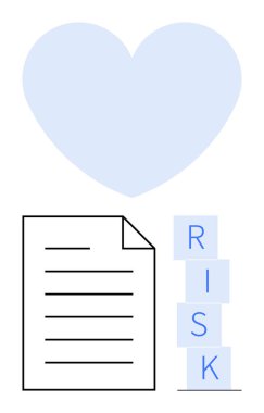 Bir yığın RISK bloğunun üstündeki mavi kalp ve özet döküman düşünceli bir problem çözme olduğunu gösteriyor. Sağlık, güvenlik, sigorta, uyum, farkındalık, planlama, soyut düz çizgi için ideal