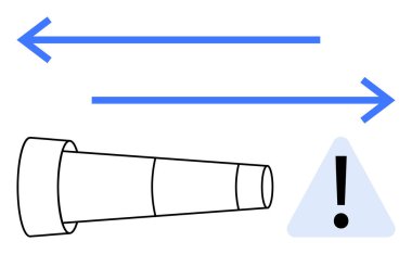 El çizimi teleskop, zıt yönlerde mavi oklar ve üçgen uyarı işareti. Keşif, odaklanma, yön, gözlem, güvenlik, dikkat, navigasyon kavramları için idealdir. Düz basit