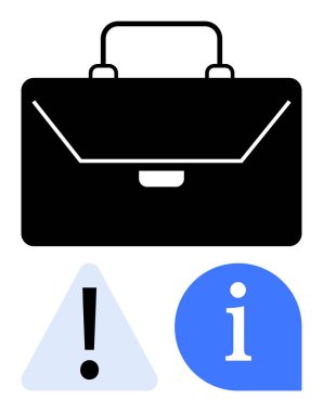 Alarm üçgeni ve bilgi baloncuğunun üstündeki siyah evrak çantası. İş için ideal, iletişim, uyarı, bilgi, karar verme, profesyonellik, kurumsal strateji. Düz basit metafor